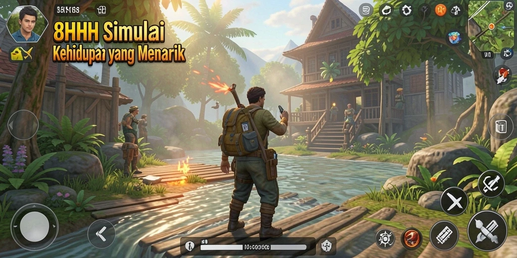 Screenshot gameplay 8HHH menampilkan karakter aktif dalam simulasi kehidupan.