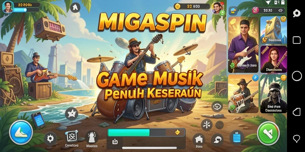 Screenshot gameplay <strong>MIGASPIN</strong> menunjukkan pemain menikmati musik.