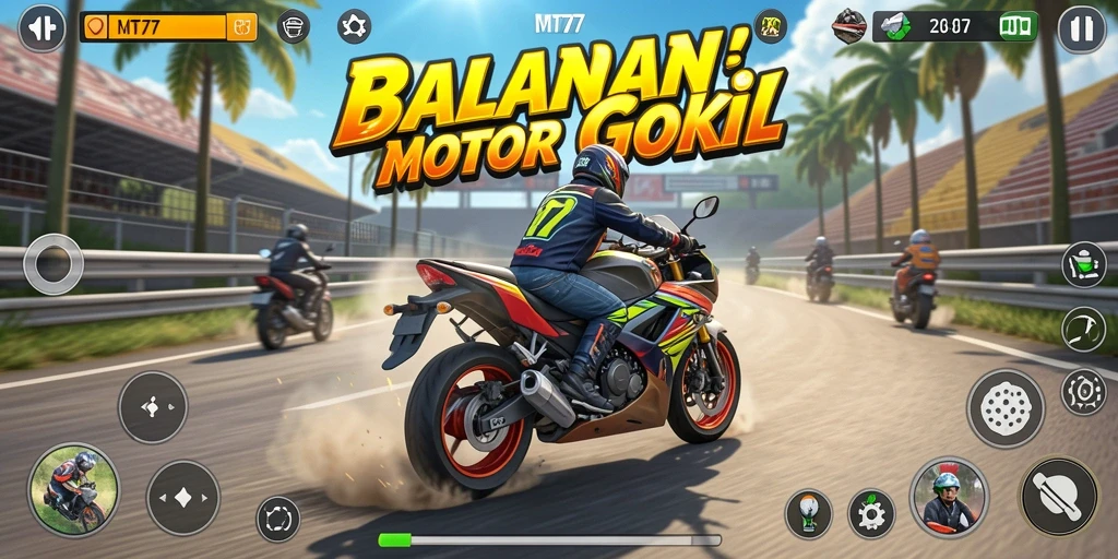 Screenshot gameplay <strong>MT777</strong> menampilkan aksi balapan motor yang mendebarkan.